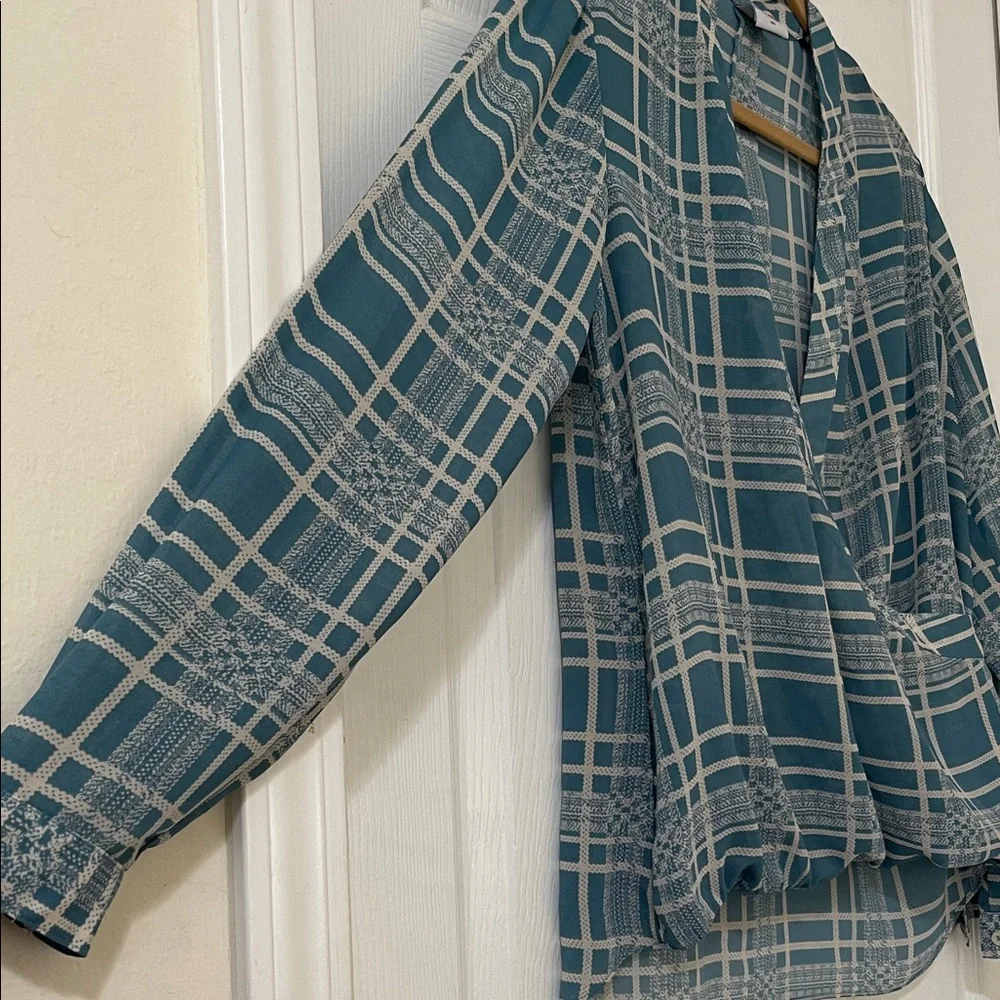 CAbi Teal and White Surplice Blouse - Picture 4 of 8